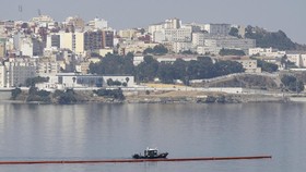 Floating barriers are seen installed on the maritime border between Spain's North African enclave of Ceuta and Morocco in the aftermath of the sudden influx of tens of thousands of migrants into Ceuta, as seen from the outskirts of the Moroccan town