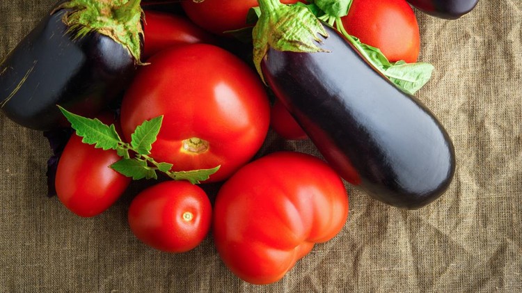 Vegetables&colon; fresh juicy red tomatoesc and eggplants on cloth&comma; top view