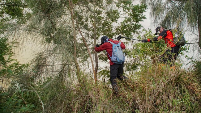 Sejumlah petugas berupaya memadamkan kebakaran hutan di Blok Bantengan, kawasan Taman Nasional Bromo Tengger Semeru (TNBTS).