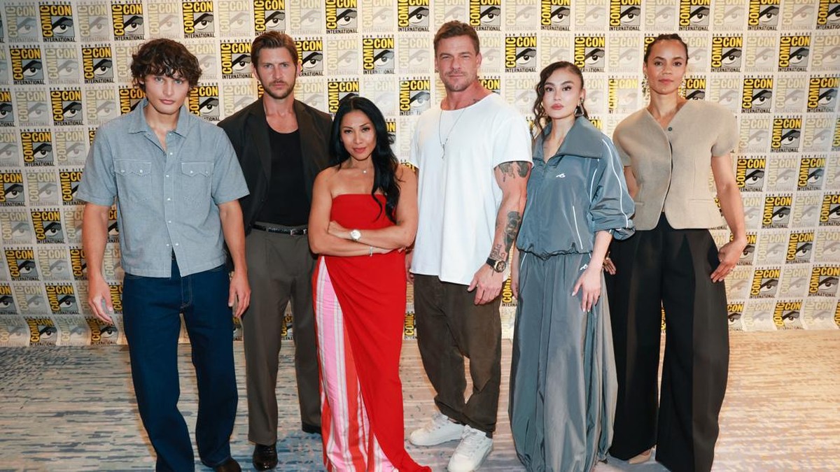 SAN DIEGO, CALIFORNIA - JULY 25: (L-R) Jasper Jones, Greyston Holt, Anggun, Alan Ritchson, Agnez Mo and Maria Sten attend the 2026 Comic-Con International: San Diego - Prime Video's