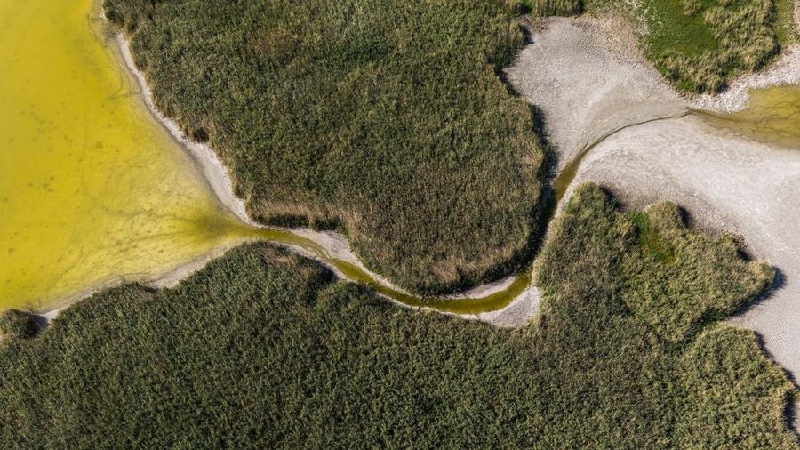 Foto udara menujukkan menurunnya permukaan air di Danau Velence, Hungaria, Kamis (6/8/2026).
Permukaan air di Danau Velence diprediksi bakal turun ke level terendah sepanjang masa pada musim panas ini akibat dampak perubahan iklim. (REUTERS/Marton Mo
