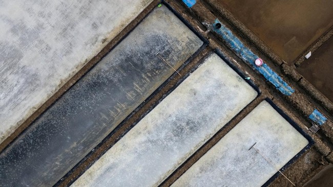 A drone view shows crystallised salt on the pond floors during harvest in Pengarengan village, Cirebon, West Java province, Indonesia, July 30, 2026. REUTERS/Willy Kurniawan