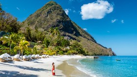St Lucia Caribbean, woman on vacation at the tropical Island of Saint Lucia Caribbean ocean