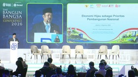 Menteri Perencanaan Pembangunan Nasional (PPN)/Kepala Bappenas, Rachmat Pambudy di The Bangun Bangsa Coference 2026 di Gedung Bank Mega, Jakarta, Kamis (6/8).