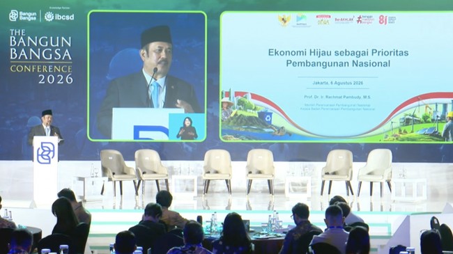 Menteri Perencanaan Pembangunan Nasional (PPN)/Kepala Bappenas, Rachmat Pambudy di The Bangun Bangsa Coference 2026 di Gedung Bank Mega, Jakarta, Kamis (6/8).