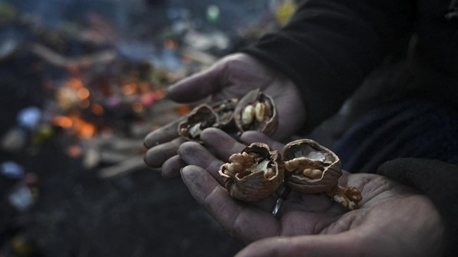 An Aymara spiritual leader, reads fortunes using walnuts before they are cast into offerings during ceremonies for the Month of Pachamama, as Bolivians make offerings to Mother Earth to seek health, prosperity and good harvests, in La Cumbre, on the