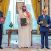 Turkish President Tayyip Erdogan, Saudi Crown Prince Mohammed bin Salman, and Pakistan's Prime Minister Shehbaz Sharif pose after signing a joint defence agreement in Mecca, Saudi Arabia, August 7, 2026. Saudi Press Agency/Handout via REUTERS ATTENTI