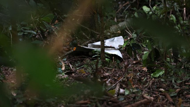 Debris from a helicopter that crashed in a forested area near the Vista Chinesa lookout lies on the ground during a recovery operation in Rio de Janeiro, Brazil, August 8, 2026. REUTERS/Aline Massuca