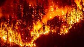 A wildfire burns on Mount Underwood near Port Alberni, on Vancouver Island, British Columbia, on August 12, 2025. The BC Wildfire Service reports the blaze has expanded to roughly 8.6 square kilometres (3.3 square miles), prompting an evacuation orde