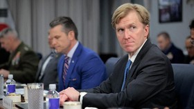 ARLINGTON, VA - MAY 11: U.S. Under Secretary of War for Policy Elbridge Colby (R) joins Secretary of War Pete Hegseth as they hosts South Korean Minister of National Defense Ahn Gyu-back for bilateral talks at the Pentagon on May 11, 2026 in Arlingto