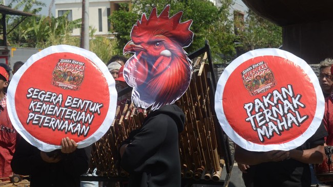 Peserta aksi yang tergabung Paguyuban Peternak Boyolali Bersatu mengenakan topeng ayam dan membawa spanduk saat melakukan aksi damai membagi ayam dan telur gratis di Boyolali, Jawa Tengah, Senin (10/8/2026). Aksi damai dengan membagi ayam dan telur g
