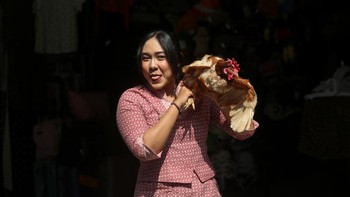Warga menunjukkan ayam petelur yang dibagikan gratis oleh peternak ayam petelur yang tergabung dalam Paguyuban Peternak Petelur Yogyakarta (P3Y) di kawasan Malioboro, Yogyakarta, Senin (10/8/2026). P3Y membagikan sekitar 1.200 ayam petelur kepada war