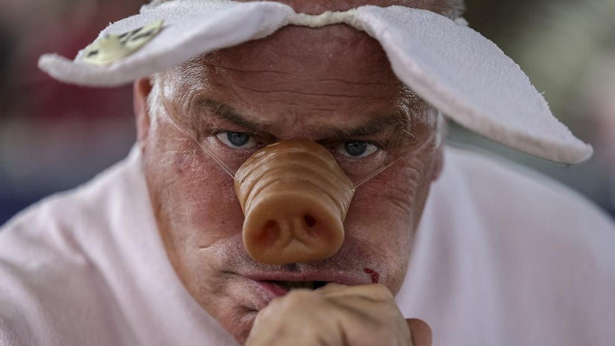 Noel Jamet, 10-time champion in the French pig-squealing championship, looks on during the 43rd edition of the Pig Festival, in Trie-sur-BaÔse, south-western France, on August 9, 2026. (Photo by Valentine CHAPUIS / AFP)