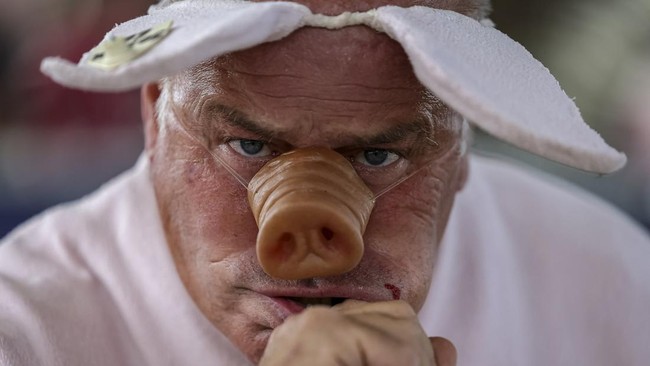 Noel Jamet, 10-time champion in the French pig-squealing championship, looks on during the 43rd edition of the Pig Festival, in Trie-sur-BaÔse, south-western France, on August 9, 2026. (Photo by Valentine CHAPUIS / AFP)