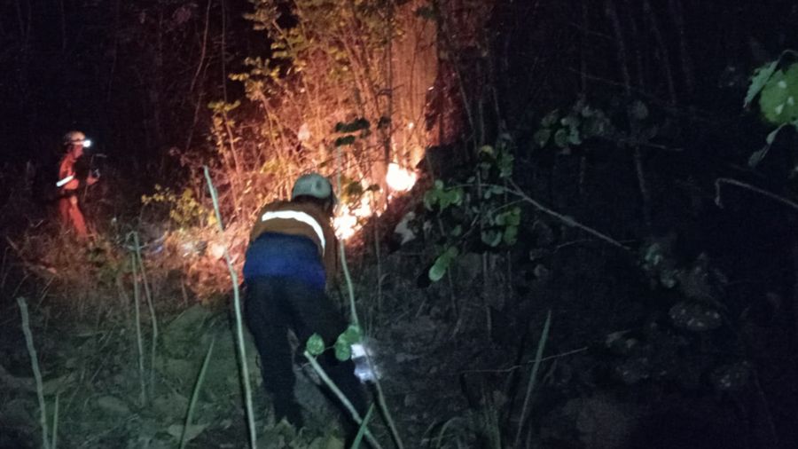 Petugas berupaya memadamkan api nan membakar Bukit Pindul, Dukuh Girisono RT 03 RW 05, Desa Gunung Gajah, Kecamatan Bayat, Kabupaten Klaten, Provinsi Jawa Tengah pada Senin (10/8). (Dok. BPBD Kab. Klaten)
