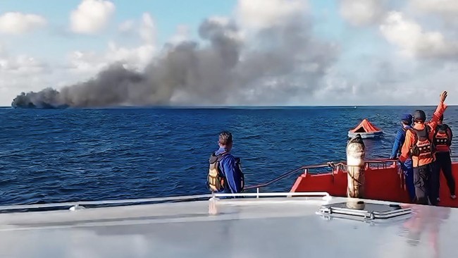 This screen grab picture from a handout video taken and released on August 12, 2026 by the Indonesian National Search and Rescue Agency (Basarnas) shows the Putri Yasmin ferry, which serves the Padangbai-Bali- to Lembar-West Nusa Tenggara route, on f