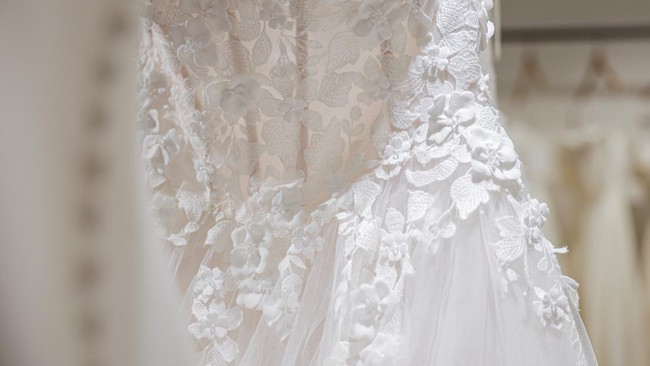 Wedding dresses are displayed at the Jenny Yoo bridal boutique in New York City, U.S., August 6, 2026. REUTERS/Jeenah Moon