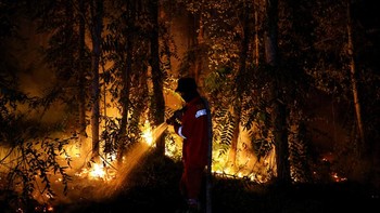 A Forest and Land Fire Control Brigade worker sprays water to extinguish a fire in an area affected by wildfire in Pulang Pisau, Central Kalimantan province, Indonesia, August 12, 2026. REUTERS/Ajeng Dinar Ulfiana