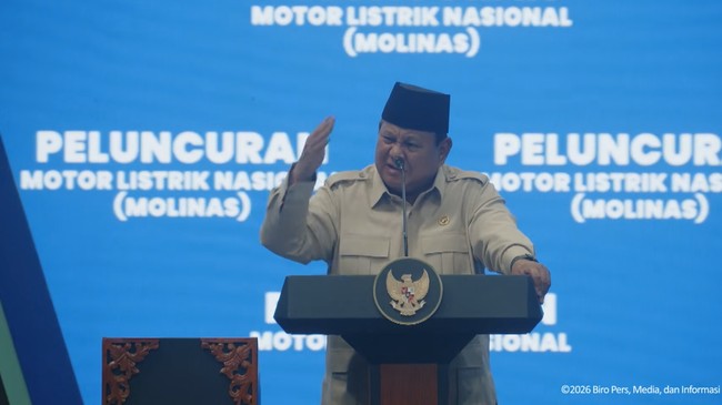 Presiden Prabowo Subianto saat peluncuran Motor Listrik Nasional Beserta Ekosistem Pendukung, Bekasi, 13/8/26