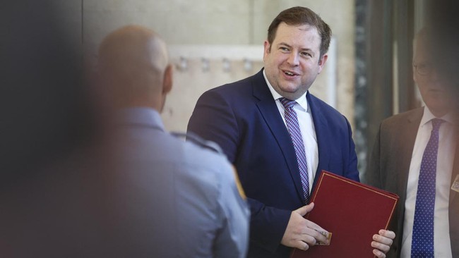 Britain's Europe minister Stephen Doughty arrives for a meeting with UN Secretary-General and Cypriot leaders at the United Nations in Geneva on March 18, 2025. Guterres met the rival Cypriot leaders for dinner the day before ahead of informal talks 