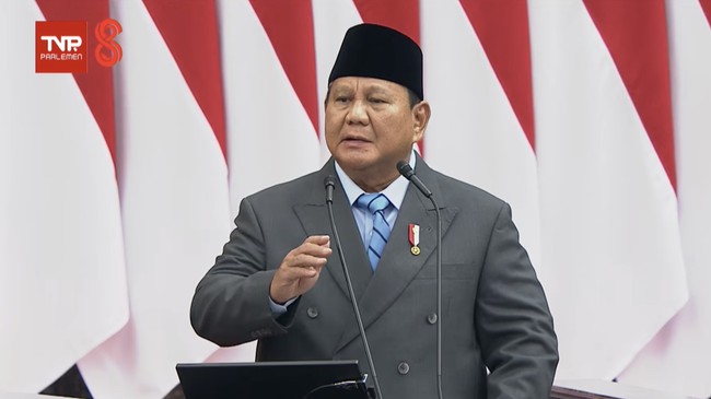 Presiden Prabowo Subianto menyampaikan pidato kenegaraan dalam rangka Penyampaian Pengantar/Keterangan Pemerintah atas RUU tentang APBN Tahun Anggaran 2027 beserta Nota Keuangannya saat Sidang Paripurna Pembukaan Masa Persidangan I DPR Tahun Sidang 2