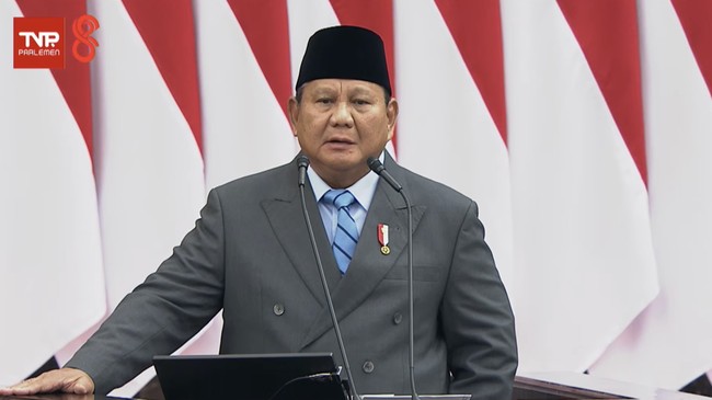 Presiden Prabowo Subianto menyampaikan pidato kenegaraan dalam rangka Penyampaian Pengantar/Keterangan Pemerintah atas RUU tentang APBN Tahun Anggaran 2027 beserta Nota Keuangannya saat Sidang Paripurna Pembukaan Masa Persidangan I DPR Tahun Sidang 2