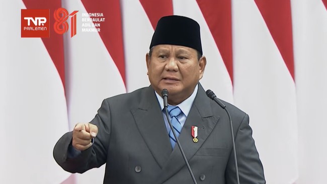 Presiden Prabowo Subianto menyampaikan pidato kenegaraan dalam rangka Penyampaian Pengantar/Keterangan Pemerintah atas RUU tentang APBN Tahun Anggaran 2027 beserta Nota Keuangannya saat Sidang Paripurna Pembukaan Masa Persidangan I DPR Tahun Sidang 2