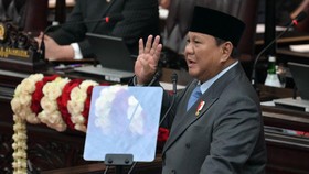 Indonesia's President Prabowo Subianto delivers his annual State of the Nation Address, ahead of the country's Independence Day celebrations, in Jakarta on August 14, 2026. (Photo by BAY ISMOYO / AFP)