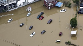 An aerial view of flooded areas after heavy rain in Oamishirasato, Chiba Prefecture, Japan, August 14, 2026. Kyodo/via REUTERS  ATTENTION EDITORS - THIS IMAGE WAS PROVIDED BY A THIRD PARTY. MANDATORY CREDIT. JAPAN OUT. NO COMMERCIAL OR EDITORIAL SALE