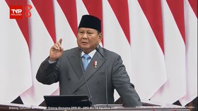 Presiden Prabowo Subianto saat berpidato di Sidang Tahunan MPR di Jakarta, Jumat (14/8).
