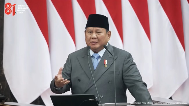 Presiden Prabowo Subianto saat berpidato di Sidang Tahunan MPR di Jakarta, Jumat (14/8).