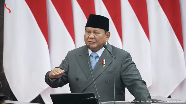 Presiden Prabowo Subianto saat berpidato di Sidang Tahunan MPR di Jakarta, Jumat (14/8).