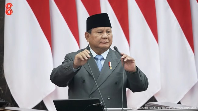 Presiden Prabowo Subianto saat berpidato di Sidang Tahunan MPR di Jakarta, Jumat (14/8).