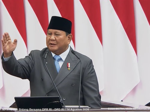 Presiden Prabowo Subianto saat berpidato di Sidang Tahunan MPR di Jakarta, Jumat (14/8).