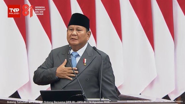 Presiden Prabowo Subianto saat berpidato di Sidang Tahunan MPR di Jakarta, Jumat (14/8).