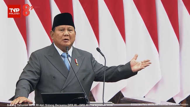 Presiden Prabowo Subianto saat berpidato di Sidang Tahunan MPR di Jakarta, Jumat (14/8).