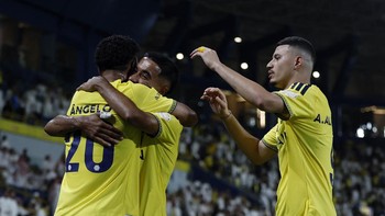 Soccer Football - Saudi Pro League - Al Nassr v Al Fateh - Al Awwal Park, Riyadh, Saudi Arabia - August 15, 2026 Al Nassr's Angelo Gabriel celebrates scoring their first goal with teammates REUTERS/Hamad I Mohammed