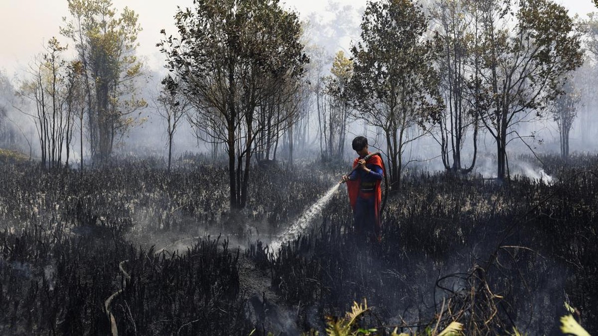 Rudiyansah, 16, wears a Superman costume while extinguishing a fire at a wildfire-affected area in Palangka Raya, Central Kalimantan province, Indonesia, August 14, 2026. REUTERS/Ajeng Dinar Ulfiana