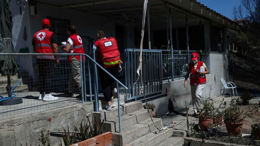 Kondisi area nan gosong terbakar akibat kebakaran rimba di wilayah Peristeria, Pulau Salamina, dekat Athena, Yunani, Senin (17/8/2026). (REUTERS/Stelios Misinas)