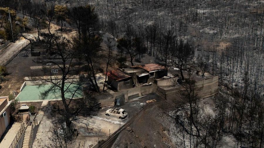 Kondisi area nan gosong terbakar akibat kebakaran rimba di wilayah Peristeria, Pulau Salamina, dekat Athena, Yunani, Senin (17/8/2026). (REUTERS/Stelios Misinas)