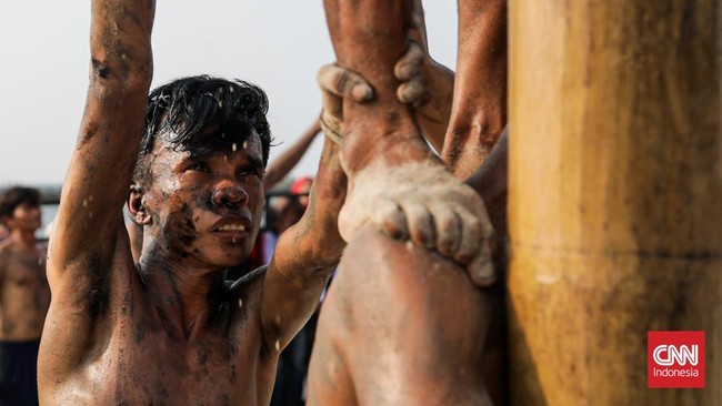 Sejumlah peserta mengikuti lomba panjat pinang kolosal di Beachpool, Ancol, Jakarta Utara, Senin (17/8). (CNN Indonesia/Febria Adha L)