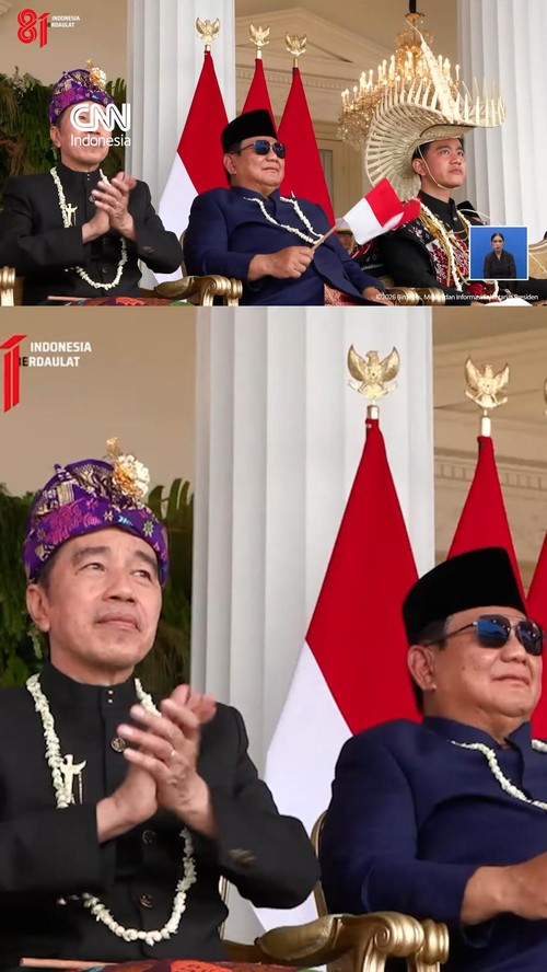 Presiden RI Prabowo Subianto duduk diapit Wapres RI Gibran Rakabuming Raka dan Presiden ke-7 RI Joko Widodo saat menyaksikan penampilan pesawat tempur TNI Angkatan Udara.