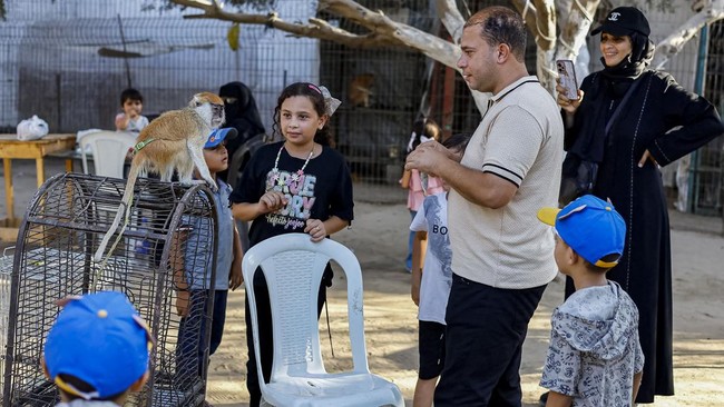 Palestinians interact with a monkey during a visit to a zoo in Nuseirat, in the central Gaza Strip, August 6, 2026. REUTERS/Mahmoud Issa