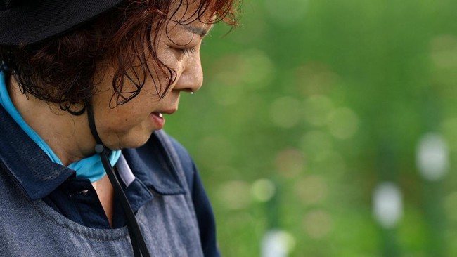 Miyoko Asada, 68, an employee at the Nikko Engei flower farm, harvests asters as sweat drips from her face in a field in Nikko, Tochigi Prefecture, Japan, August 9, 2026. REUTERS/Issei Kato  SEARCH