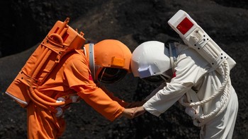 A couple wearing spacesuit costumes pose for photographers at Volcano No. 6 of the Wulanhada Volcano Geopark in Ulanqab, Inner Mongolia Autonomous Region, China, July 26, 2026. In China's northern region of Inner Mongolia, black volcanic rock formati