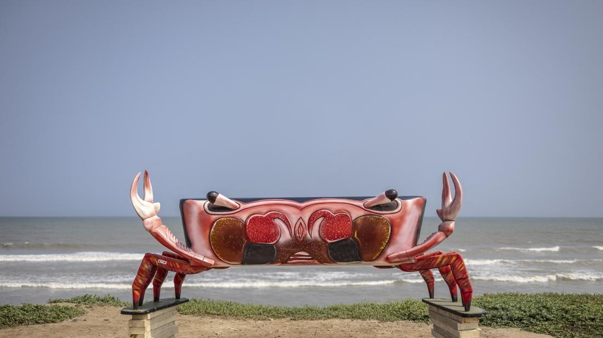 A crab-shaped coffin, designed for a deceased fisherman, is pictured near he Erico Carpentry Shop in Accra, on August 17, 2026. Fantasy coffins are a distinctive Ghanaian funerary tradition, particularly associated with the Ga people of the Greater A