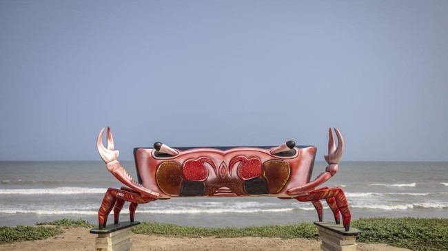 A crab-shaped coffin, designed for a deceased fisherman, is pictured near he Erico Carpentry Shop in Accra, on August 17, 2026. Fantasy coffins are a distinctive Ghanaian funerary tradition, particularly associated with the Ga people of the Greater A