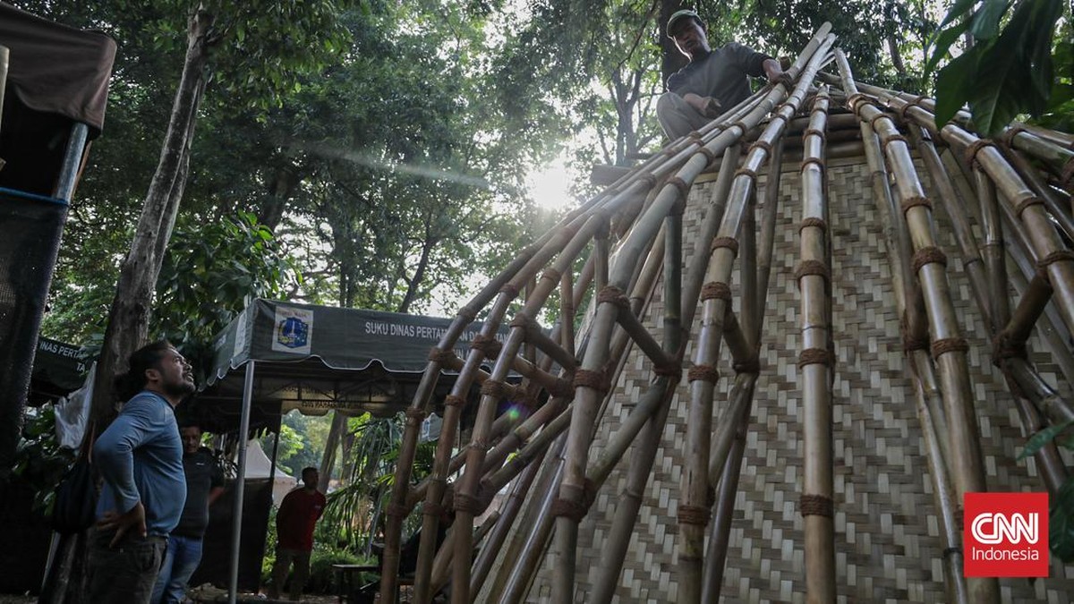 Sejumlah pekerja menata persiapan Pameran Flora dan Fauna (Flona) 2026 di Lapangan Banteng, Jakarta, Minggu (23/8). (CNN Indonesia/Febria Adha L)
