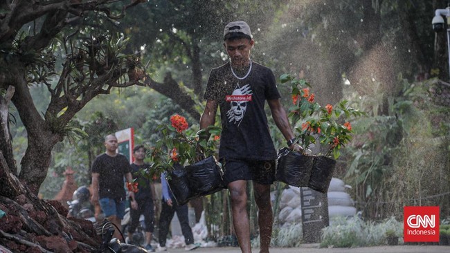 Sejumlah pekerja menata persiapan Pameran Flora dan Fauna (Flona) 2026 di Lapangan Banteng, Jakarta, Minggu (23/8). (CNN Indonesia/Febria Adha L)