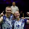 Badminton - BWF World Championships - Indira Gandhi Indoor Stadium, New Delhi, India - August 22, 2026 France's Thom Gicquel and Delphine Delrue celebrate after winning their mixed doubles semi final match against China's Jiang Zhen Bang and Wei Ya X